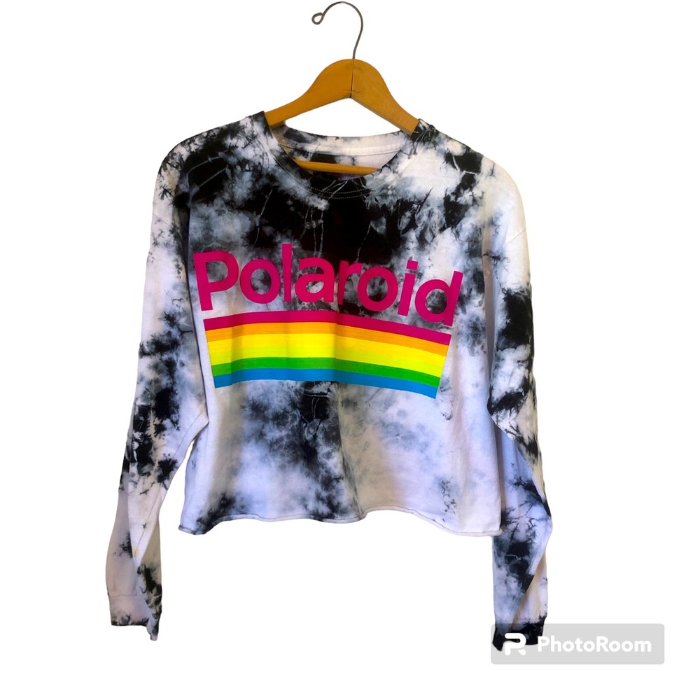 Polaroid Graphic Tee Womens Size Large Crop Tie Die Long Sleeve BOHO Cotton